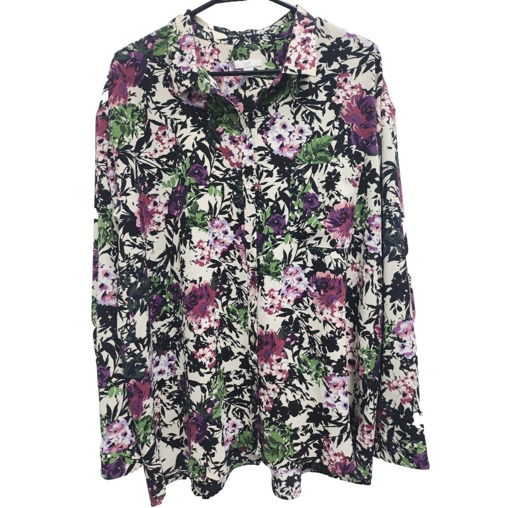 J.Jill Womens Lagenlook‎ BOHO Tunic Top XL Long Sleeve Floral Collared Button Up